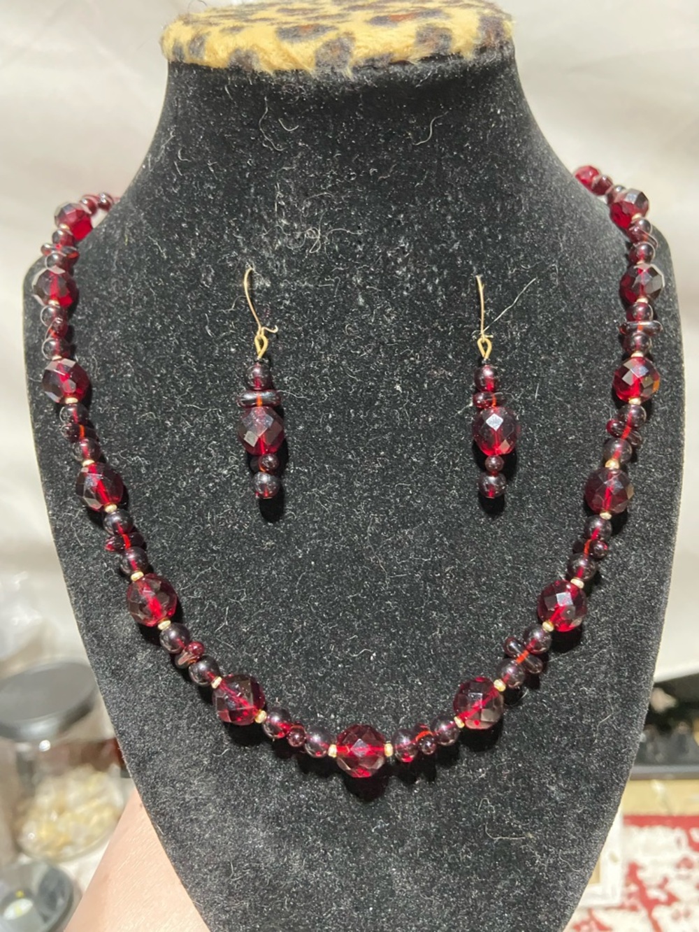 Elegant Red Faceted Glass Necklace and Earring Set